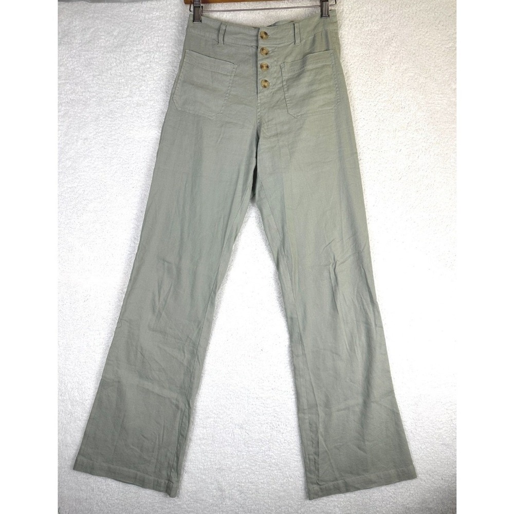 Alp N Rock Phoebe Pant Women size XS Green Wide Leg Button Fly Linen Blend
